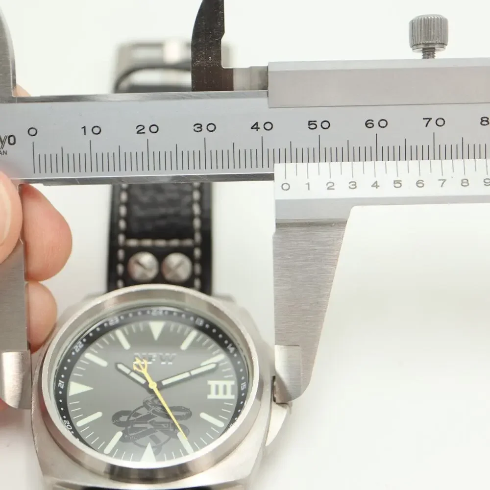 NFW Dive Mens Silver Tone 46mm Watch Black Leather Strap with New Battery